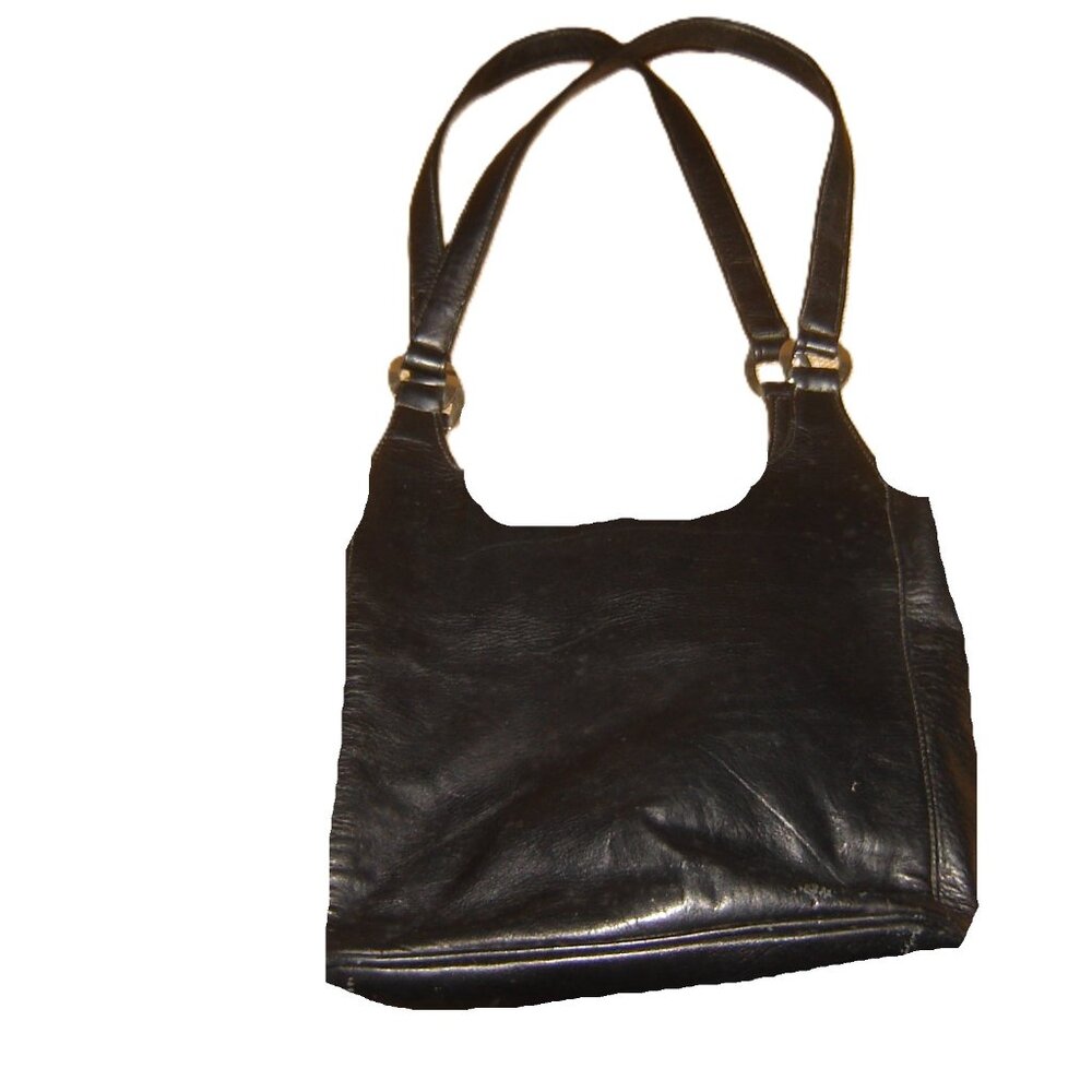 Mila Paoli Shoulder Bag Black Leather Double Top Handled Purse handbag